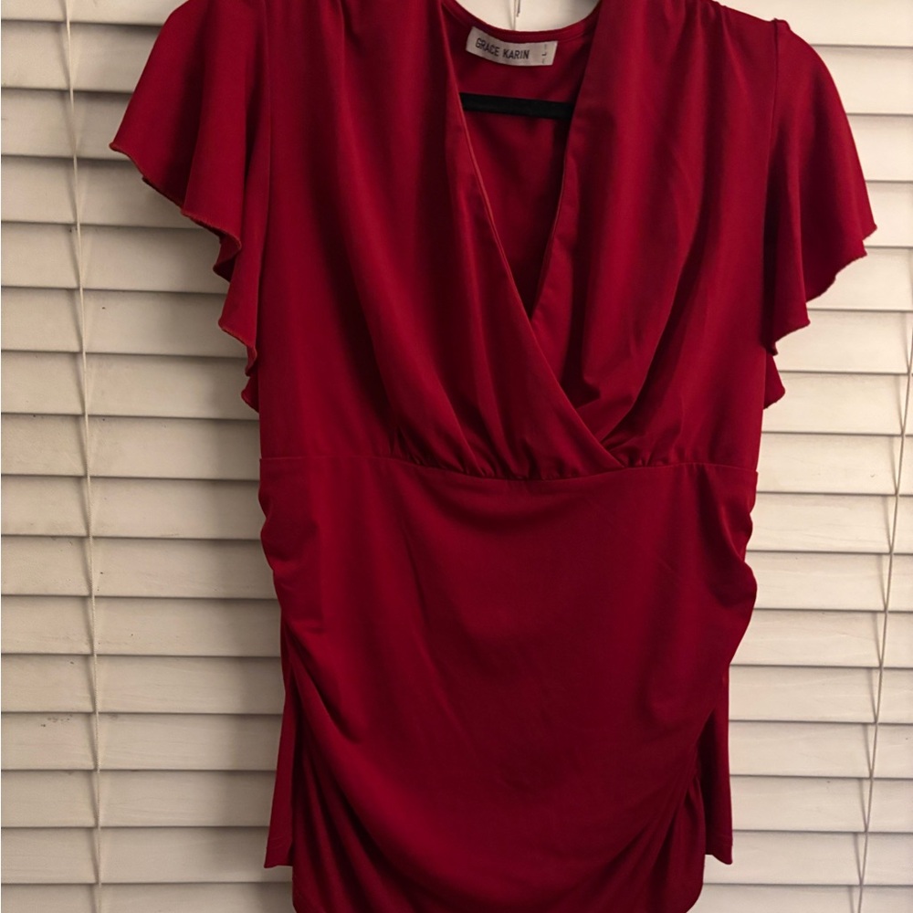 Grace Karin Red Ruched Wrap Blouse